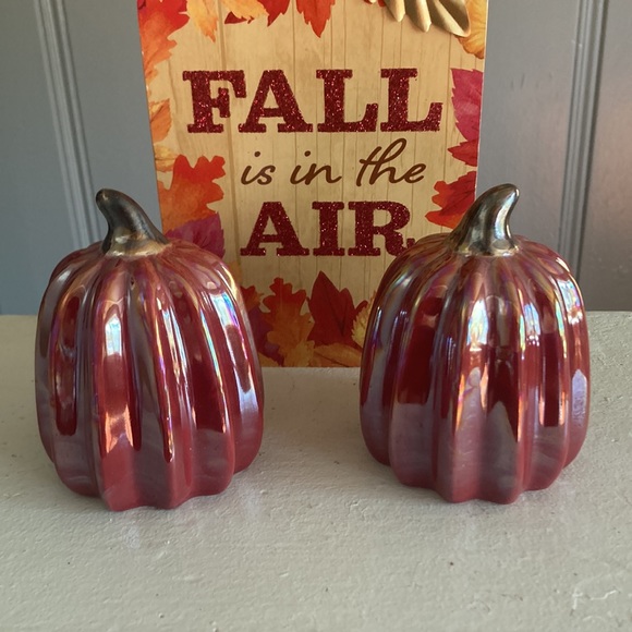 🆕2 Cranberry Pearl Porcelain Pumpkins & Fall Is In The Air Wood Mason Jar Sign - Picture 8 of 17